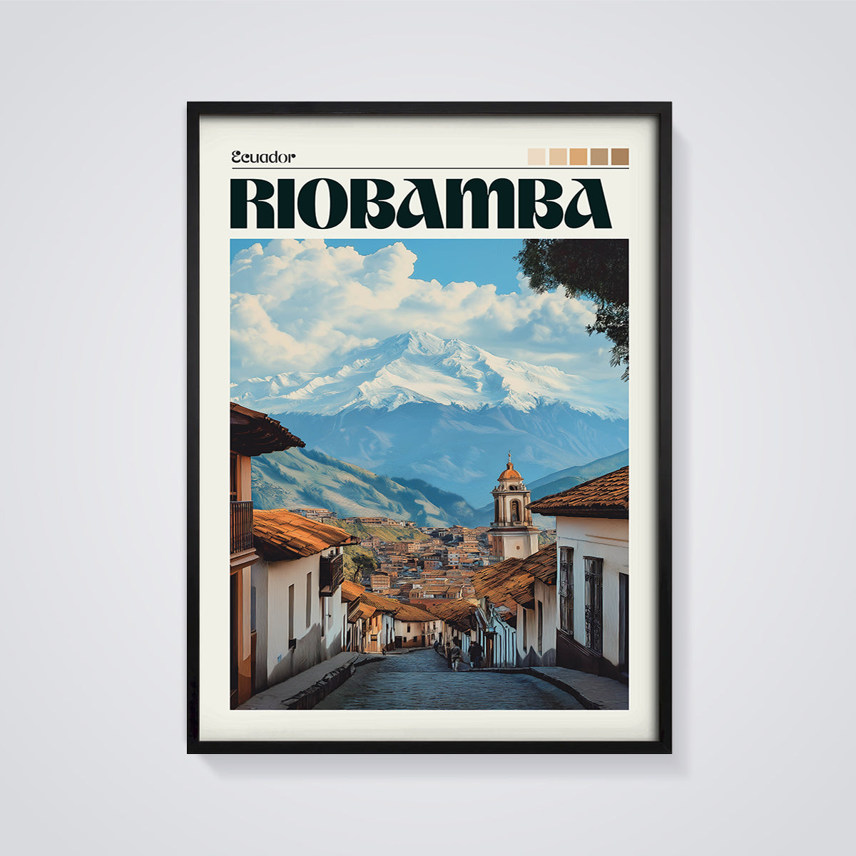 Riobamba Ecuador Mountain City Print framed in black on a grey background