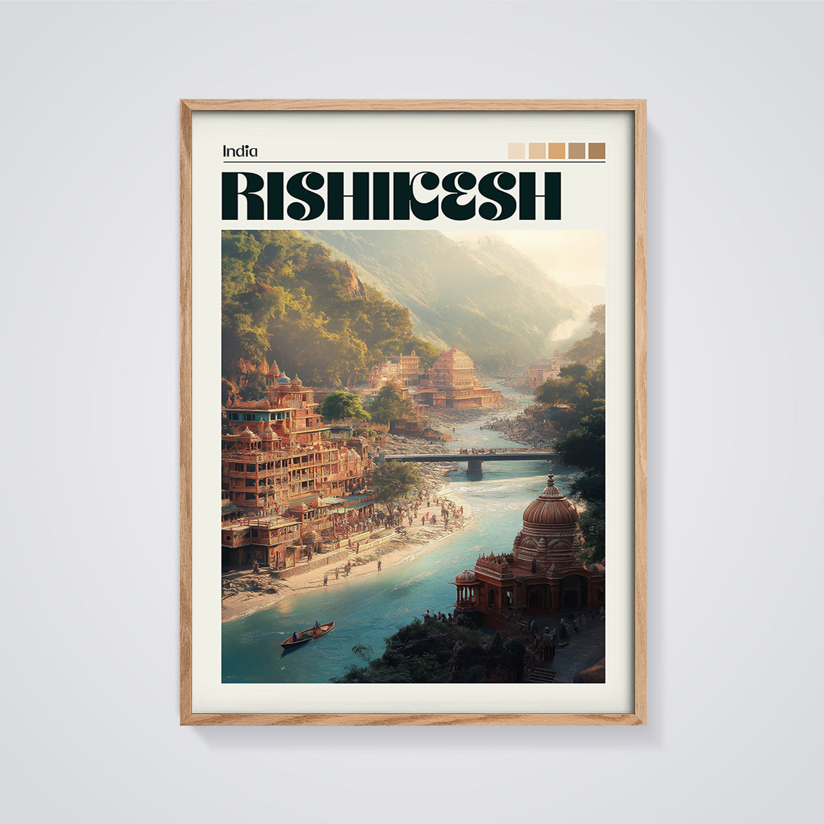 Rishikesh India River Valley Print framed in oak on a grey background