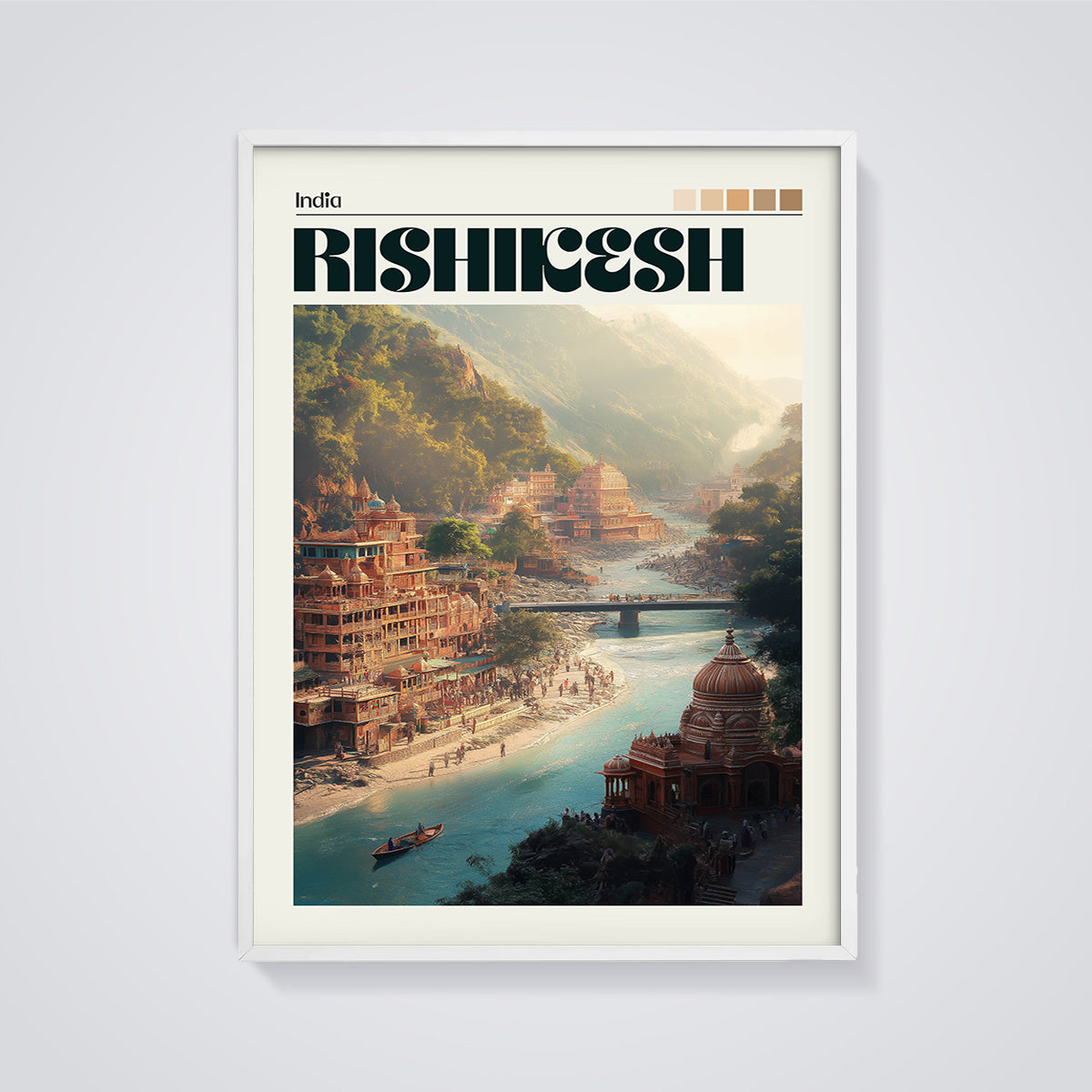 Rishikesh India River Valley Print framed in white on a grey background