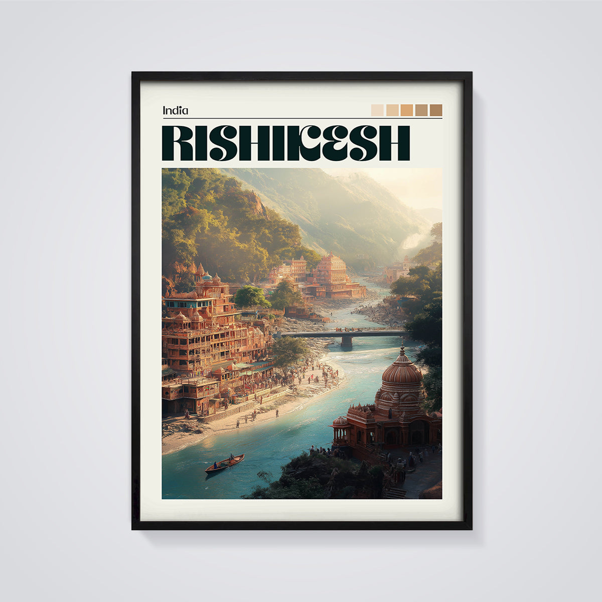 Rishikesh India River Valley Print framed in black on a grey background