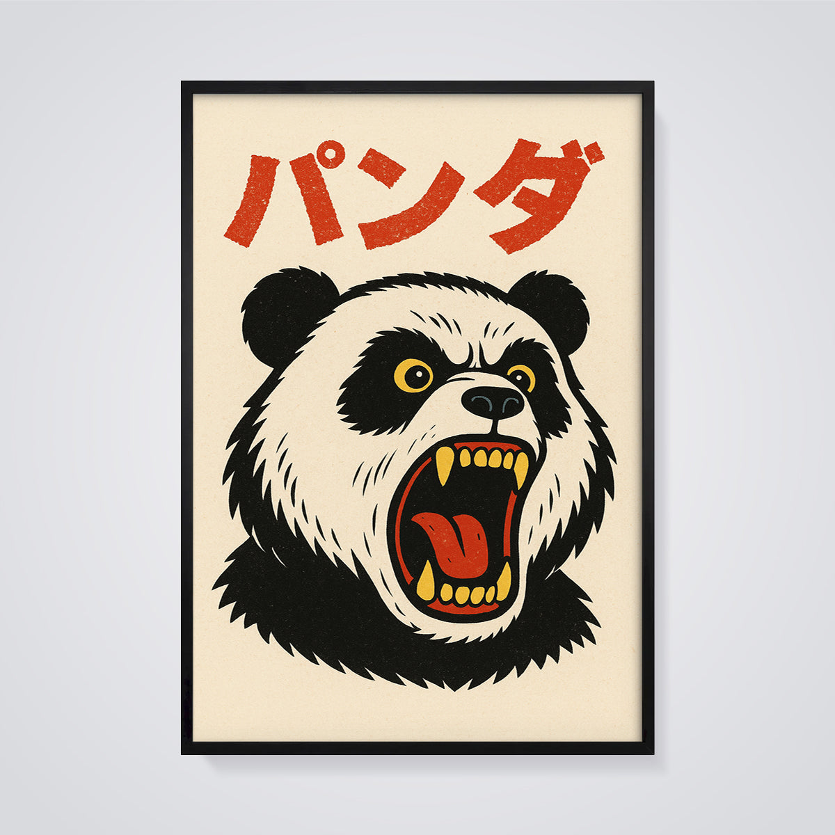 Roaring Panda Art Print framed in black on a grey background