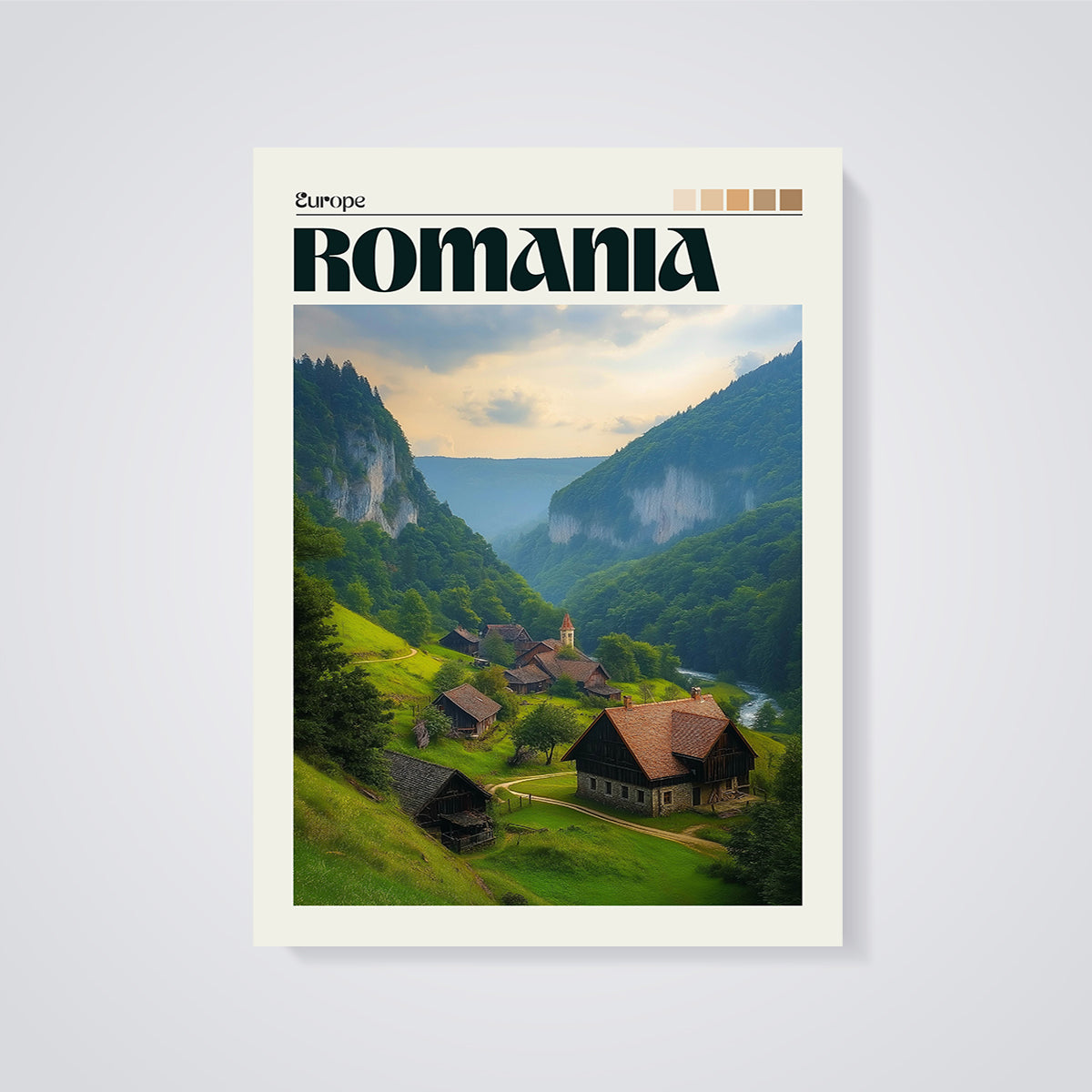 Romania Valley Village Print unframed on a grey background