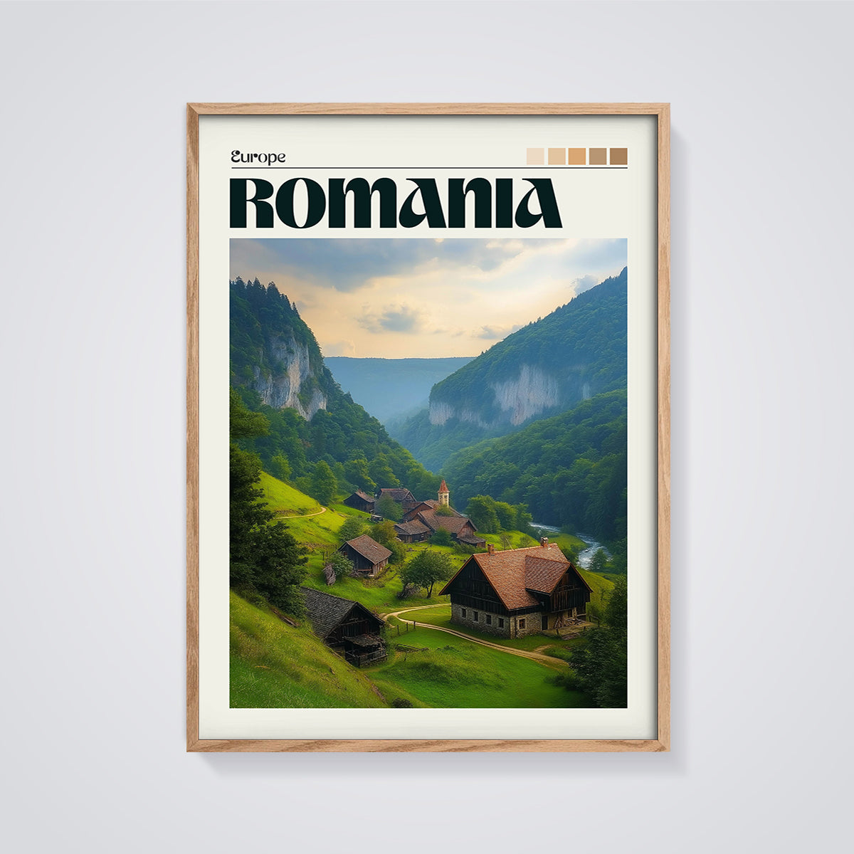 Romania Valley Village Print framed in oak on a grey background
