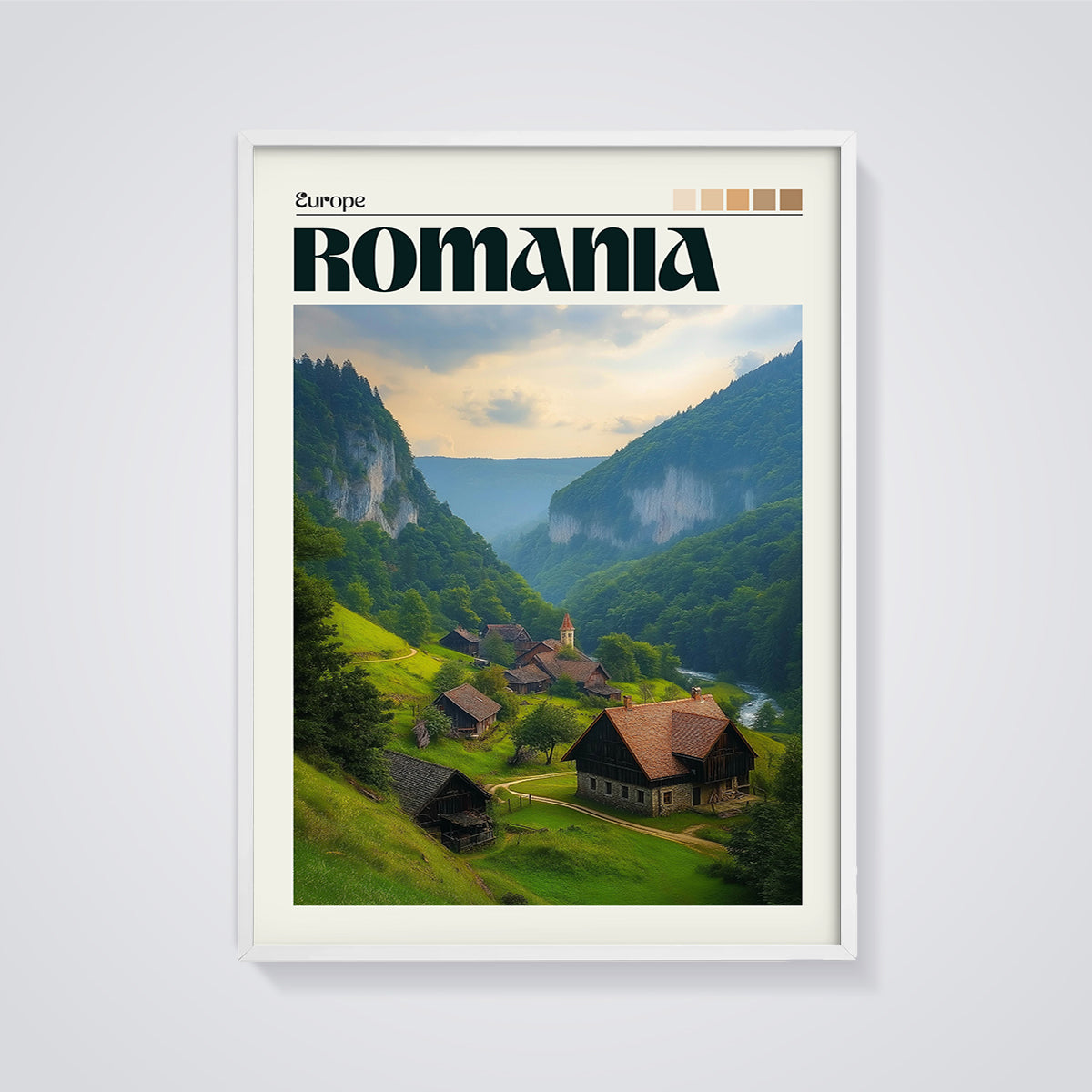 Romania Valley Village Print framed in white on a grey background
