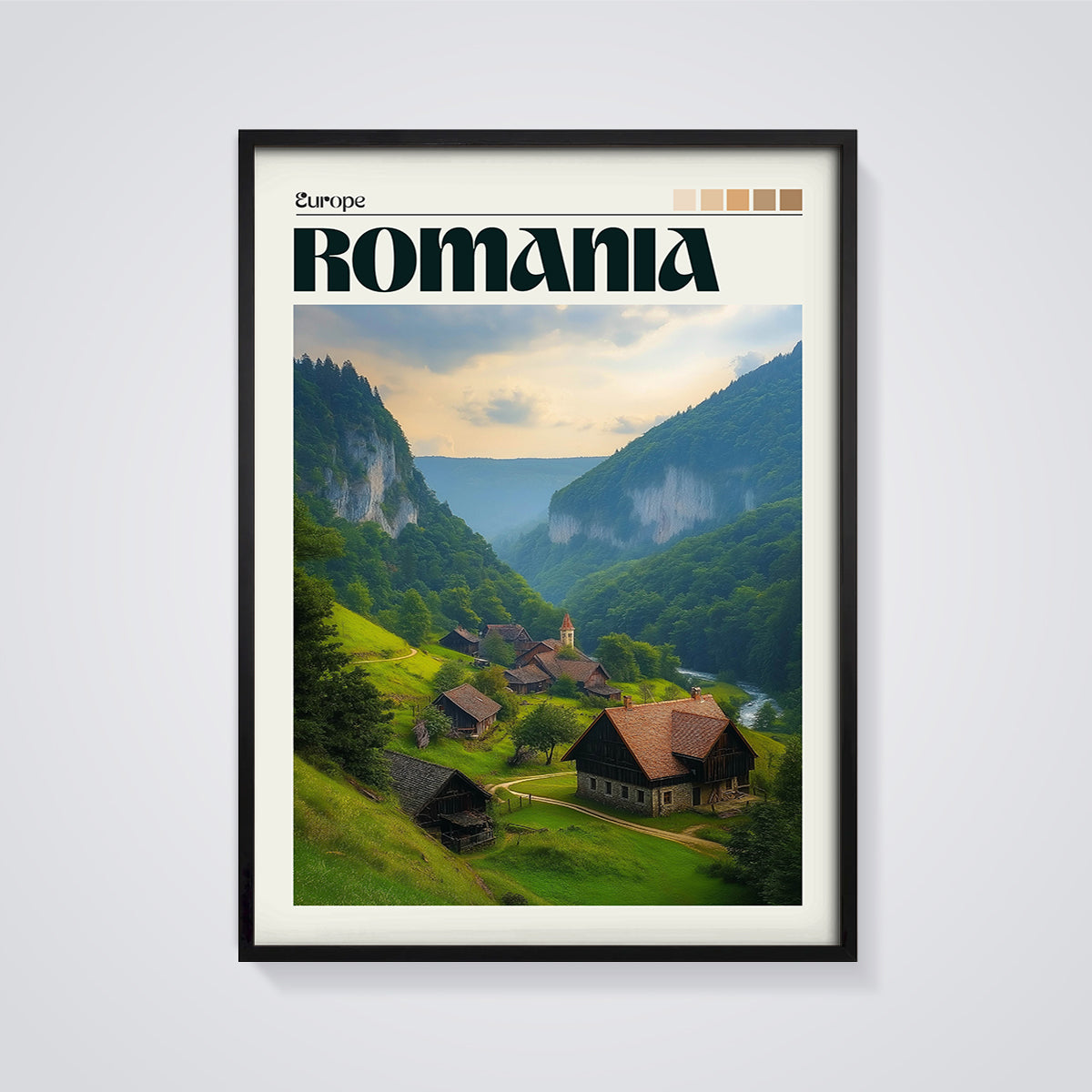 Romania Valley Village Print framed in black on a grey background