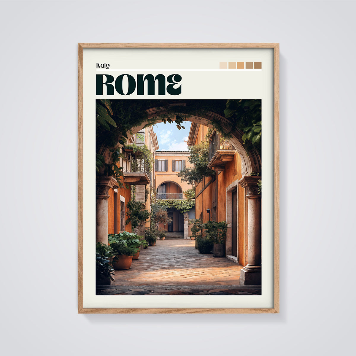 Rome Archway Alley Print framed in oak on a grey background