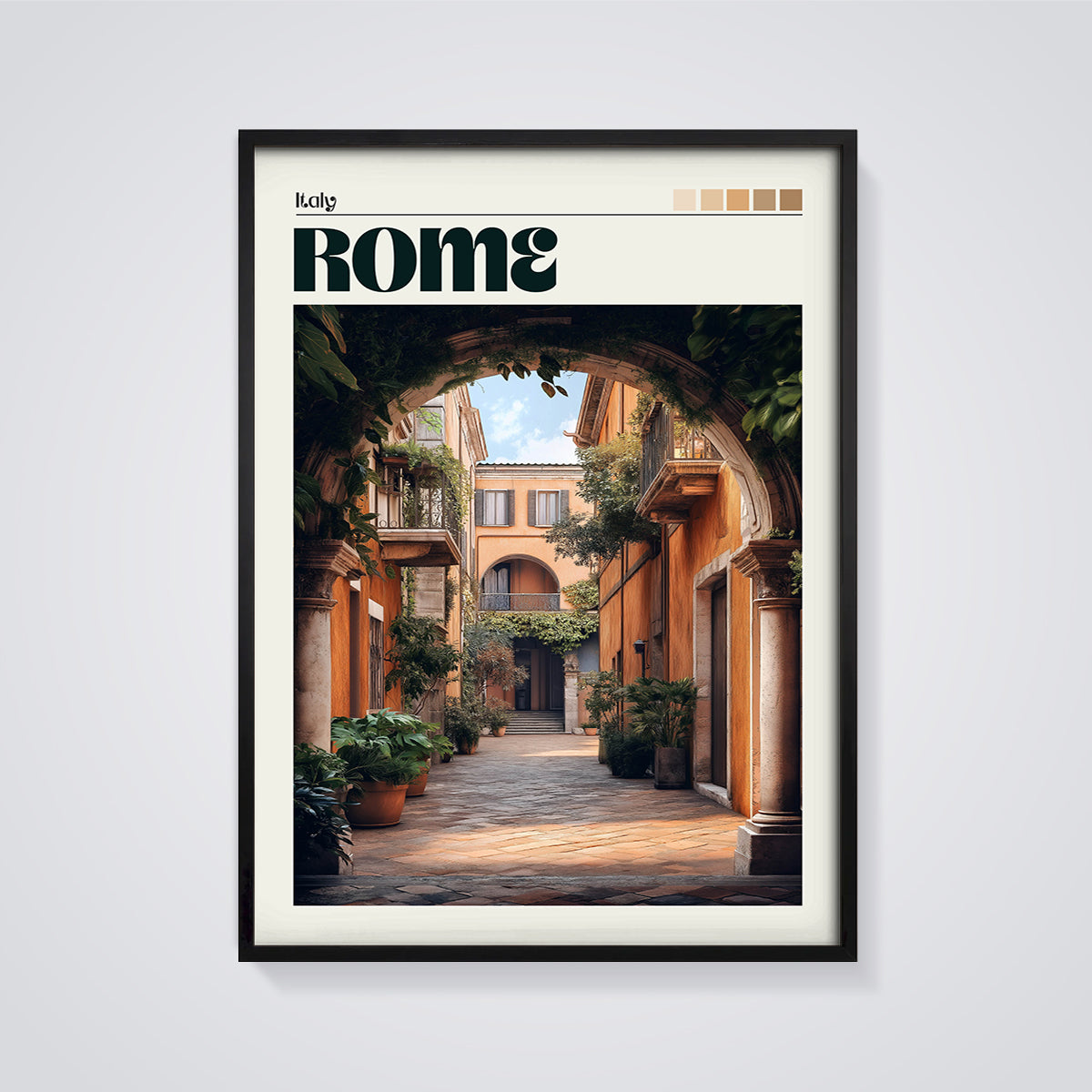Rome Archway Alley Print framed in black on a grey background
