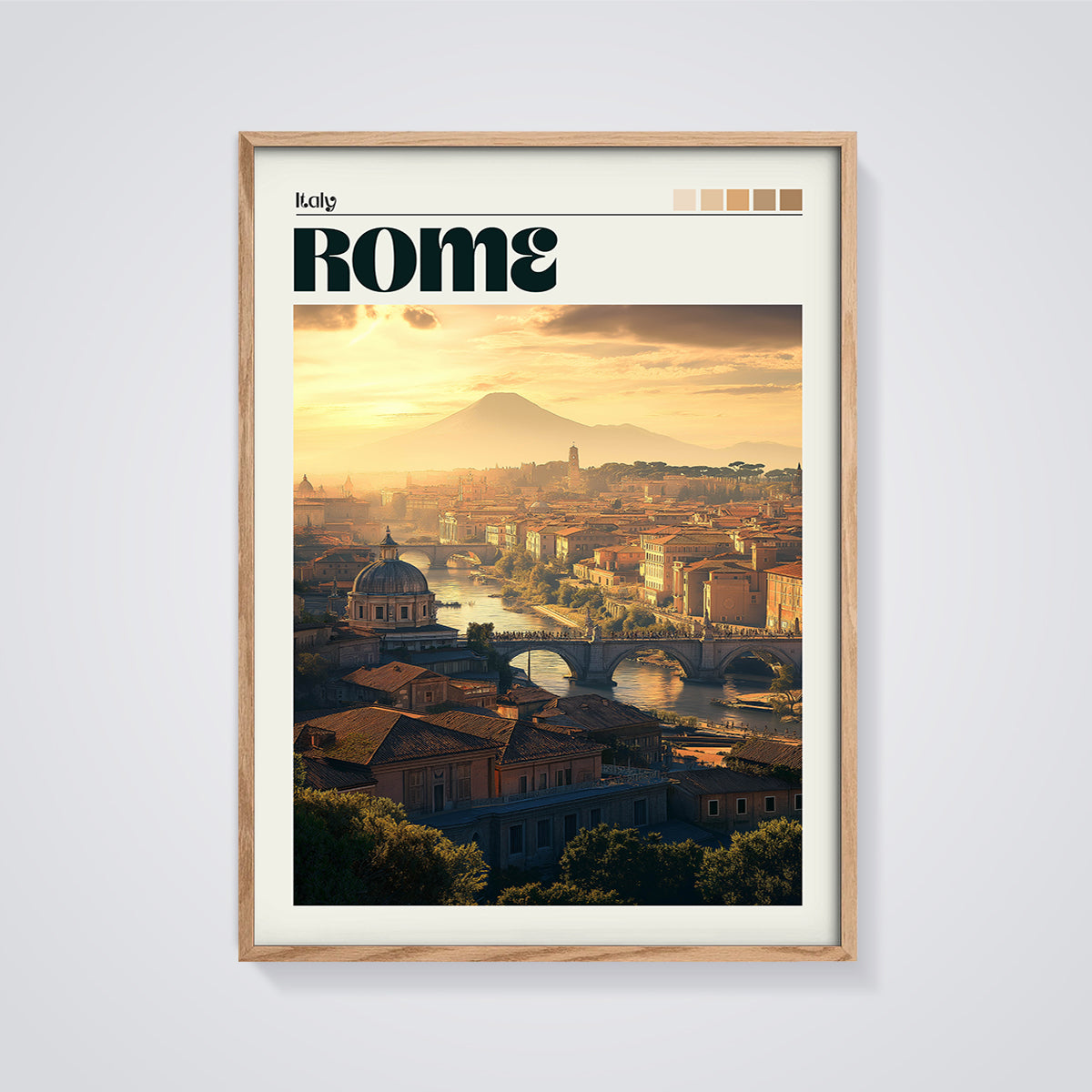 Rome Italy Sunset Cityscape Print framed in oak on a grey background