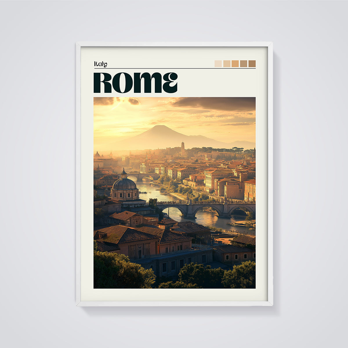 Rome Italy Sunset Cityscape Print framed in white on a grey background