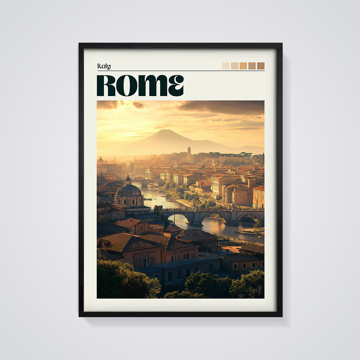 Rome Italy Sunset Cityscape Print framed in black on a grey background