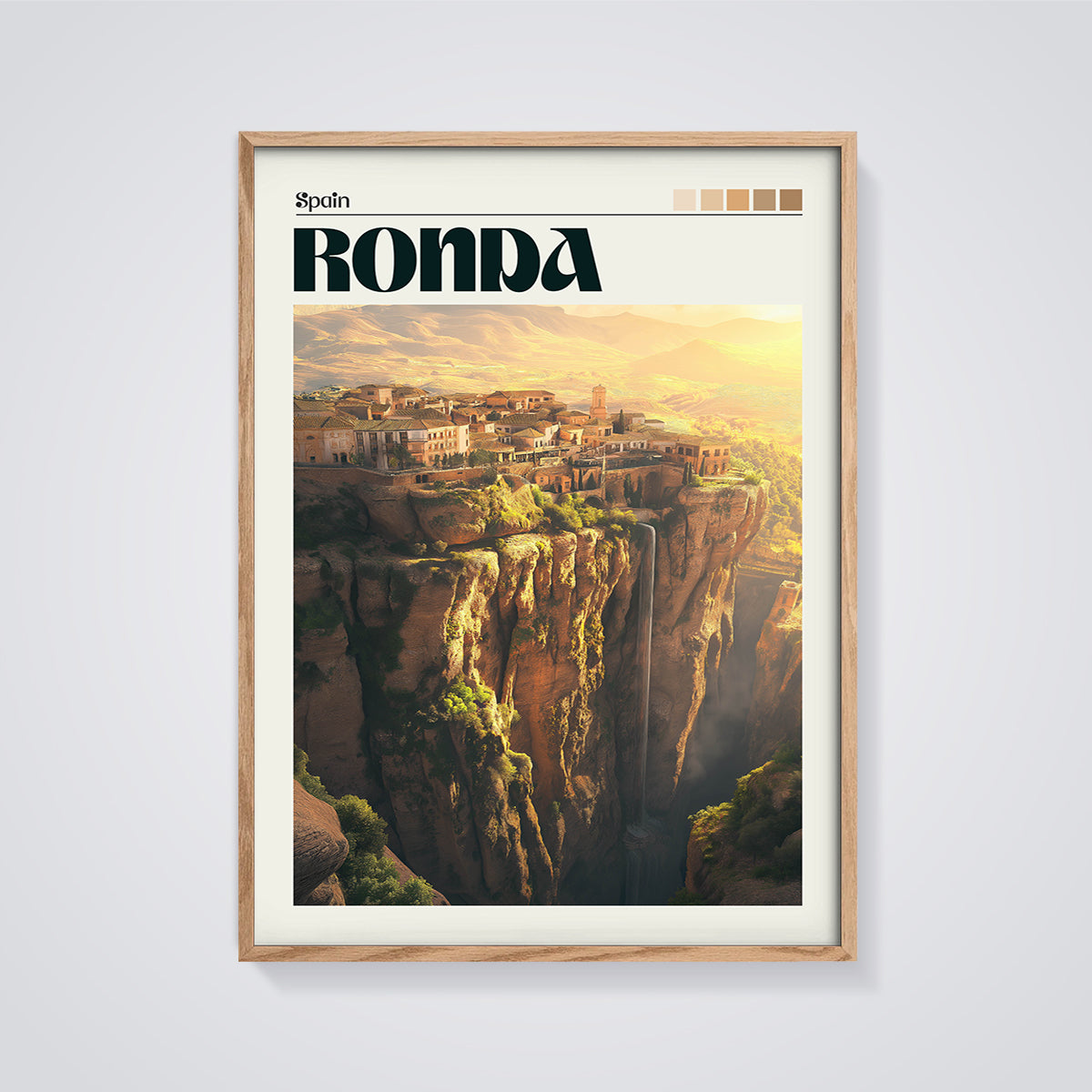 Ronda, Spain Cliff City Print framed in oak on a grey background