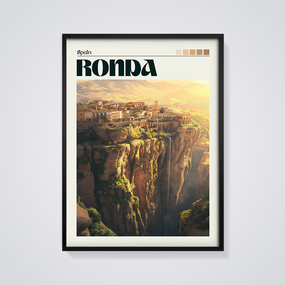 Ronda, Spain Cliff City Print framed in black on a grey background