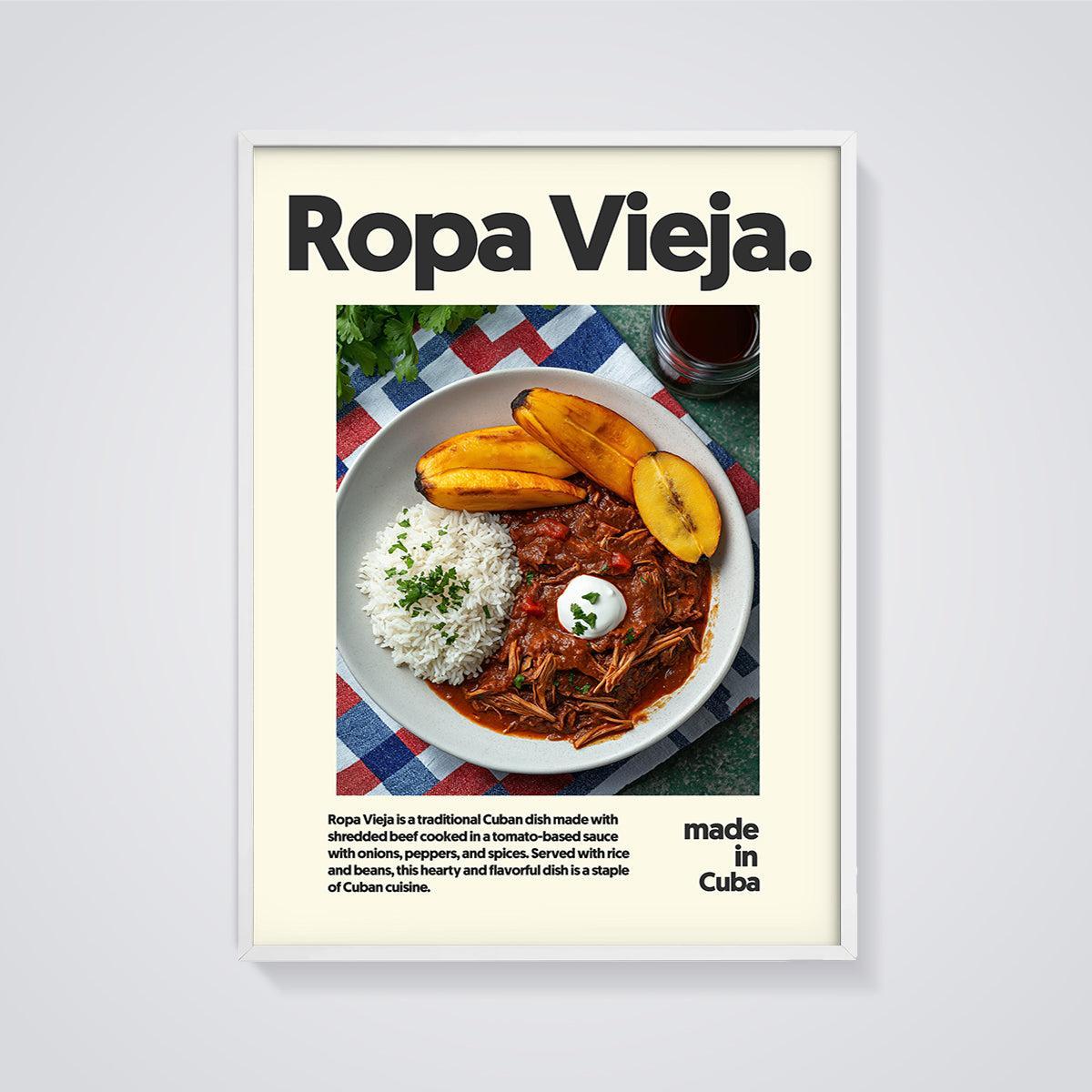 Ropa Vieja Cuban Dish Print framed in white on a grey background