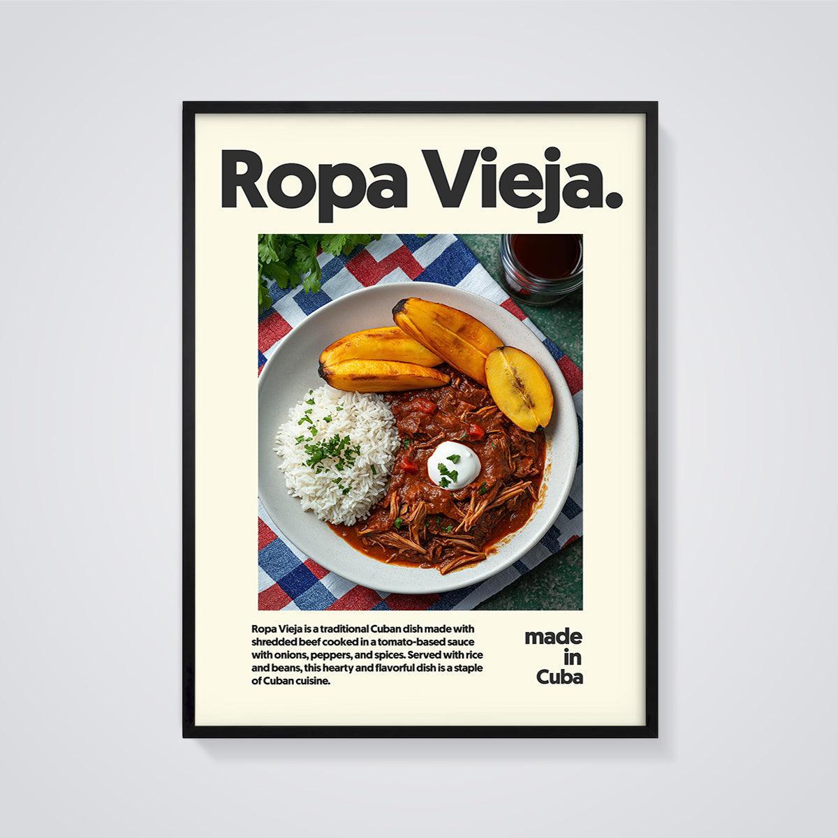 Ropa Vieja Cuban Dish Print framed in black on a grey background