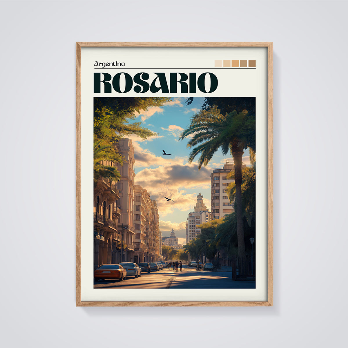 Rosario Argentina Streetscape Print framed in oak on a grey background