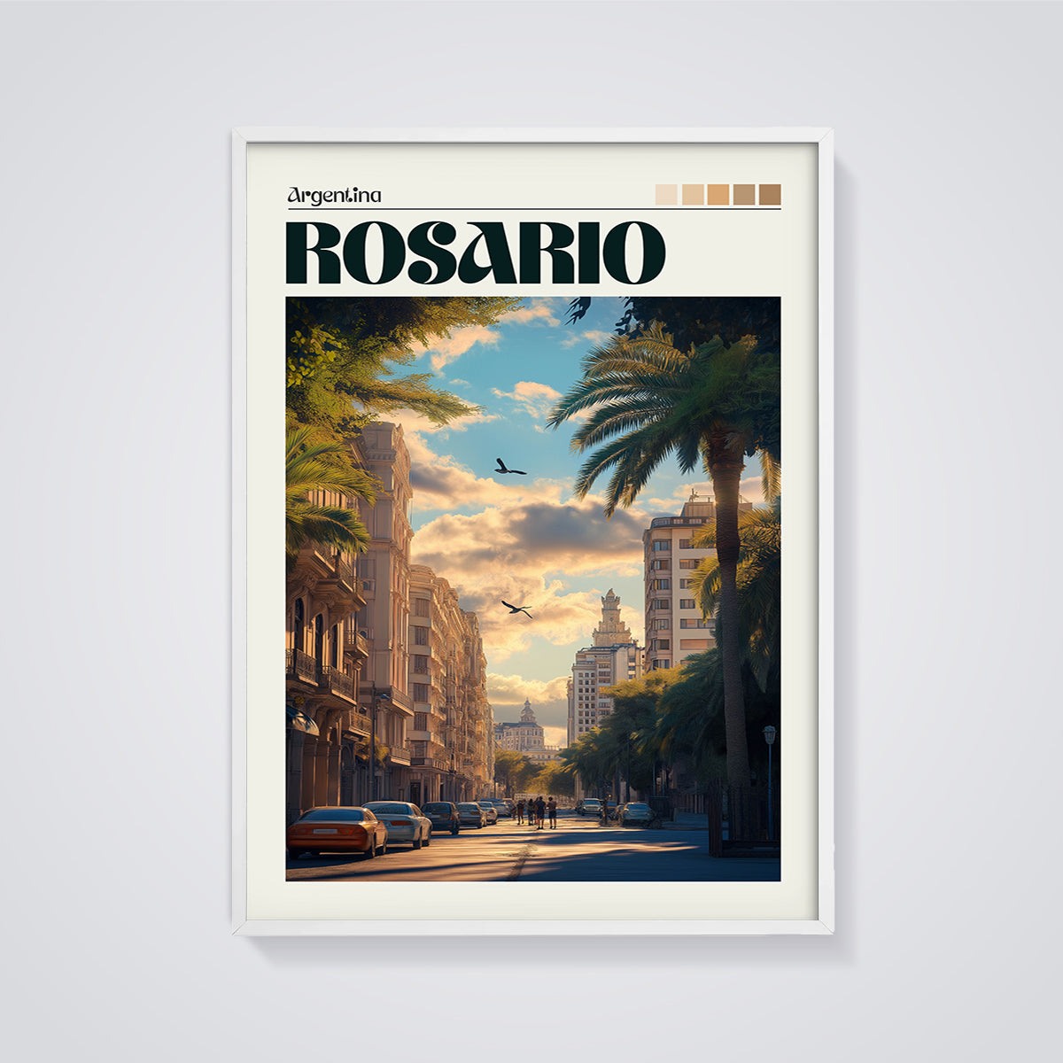 Rosario Argentina Streetscape Print framed in white on a grey background