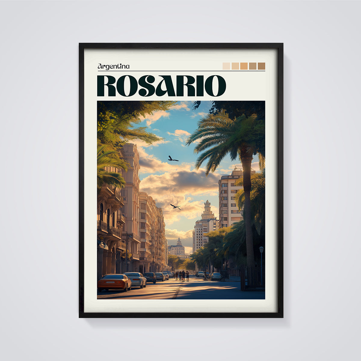 Rosario Argentina Streetscape Print framed in black on a grey background