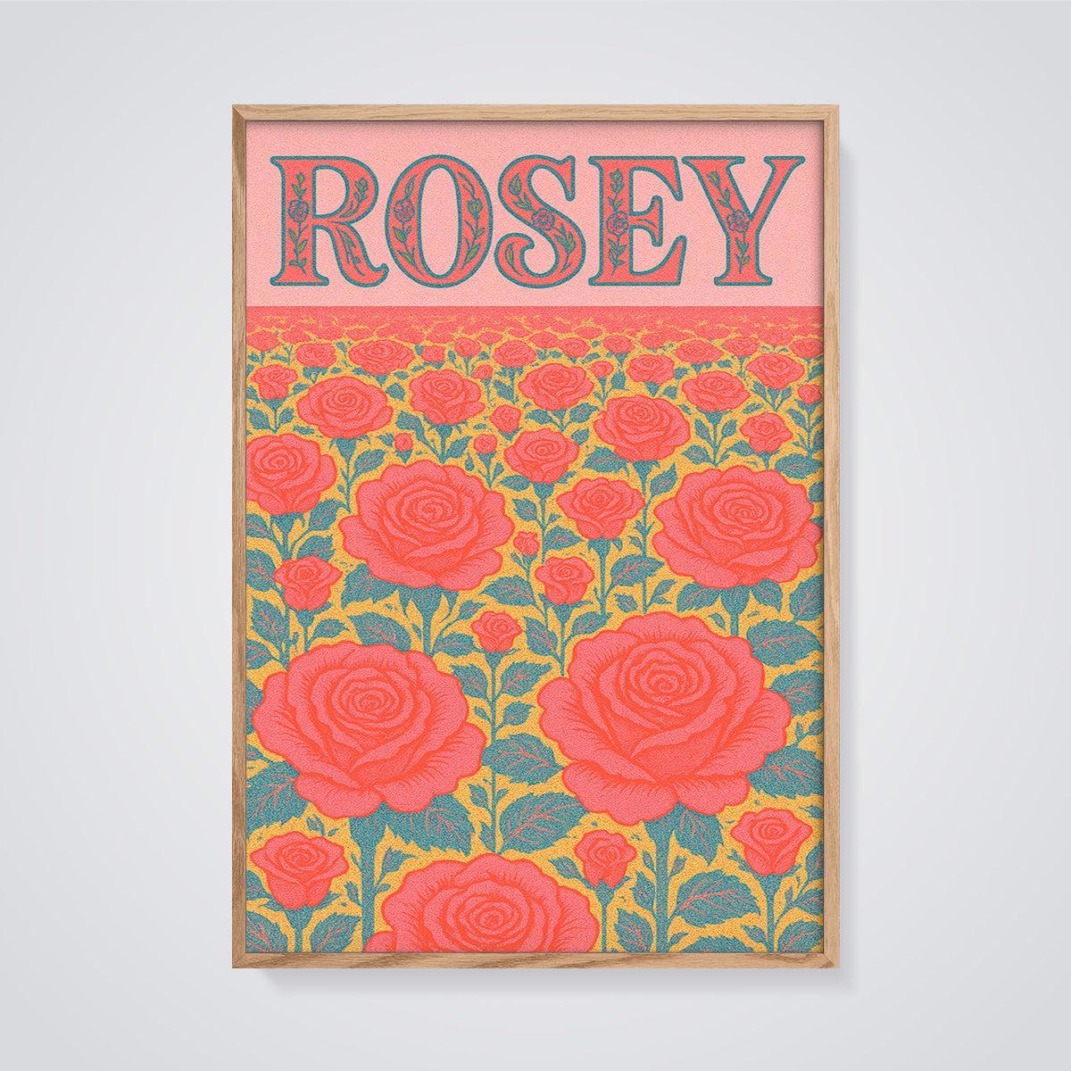 Rosey Rose Garden Print framed in oak on a grey background