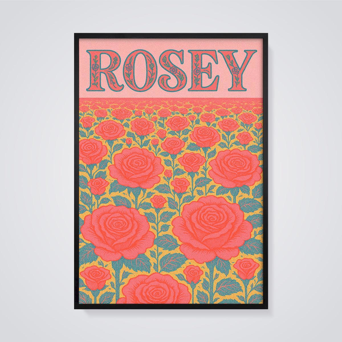 Rosey Rose Garden Print framed in black on a grey background