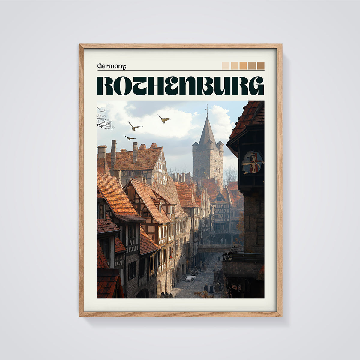Rothenburg Cobblestone Street Print framed in oak on a grey background
