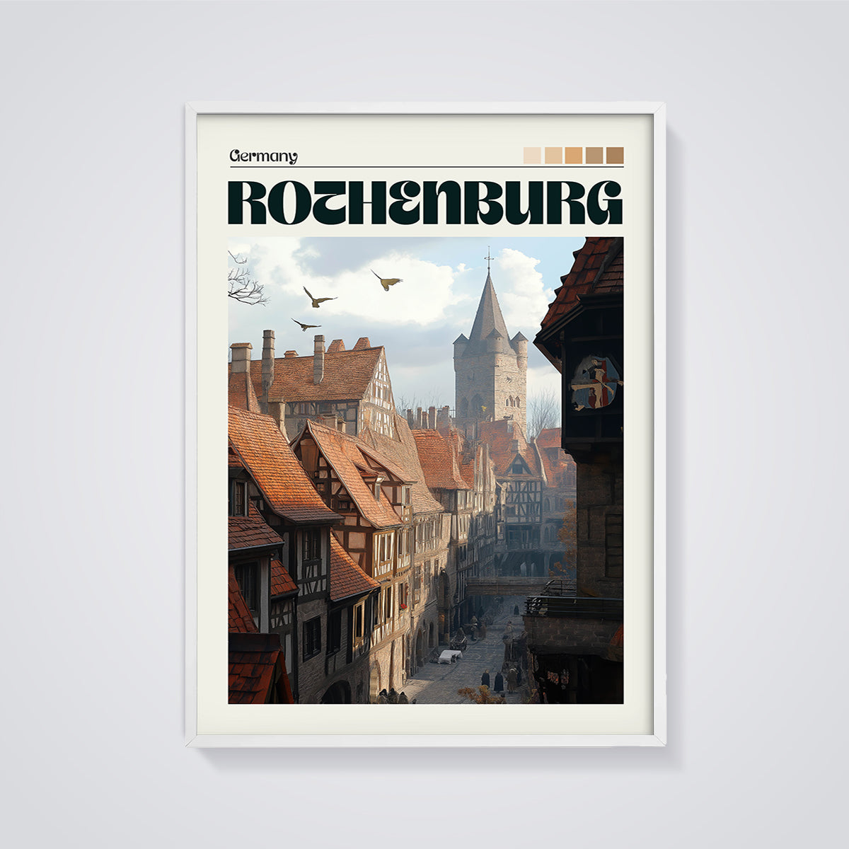 Rothenburg Cobblestone Street Print framed in white on a grey background