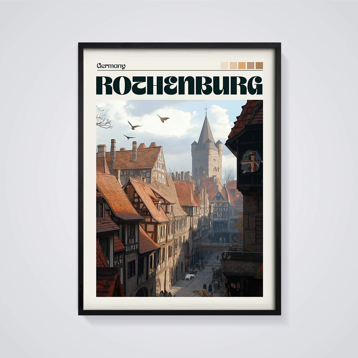Rothenburg Cobblestone Street Print framed in black on a grey background