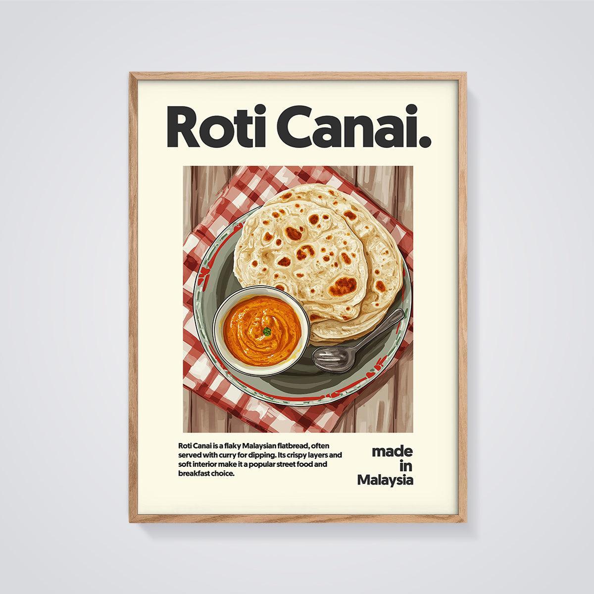 Roti Canai Street Food Print framed in oak on a grey background