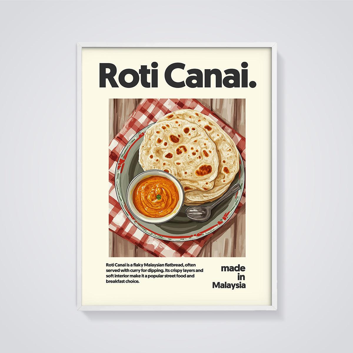 Roti Canai Street Food Print framed in white on a grey background