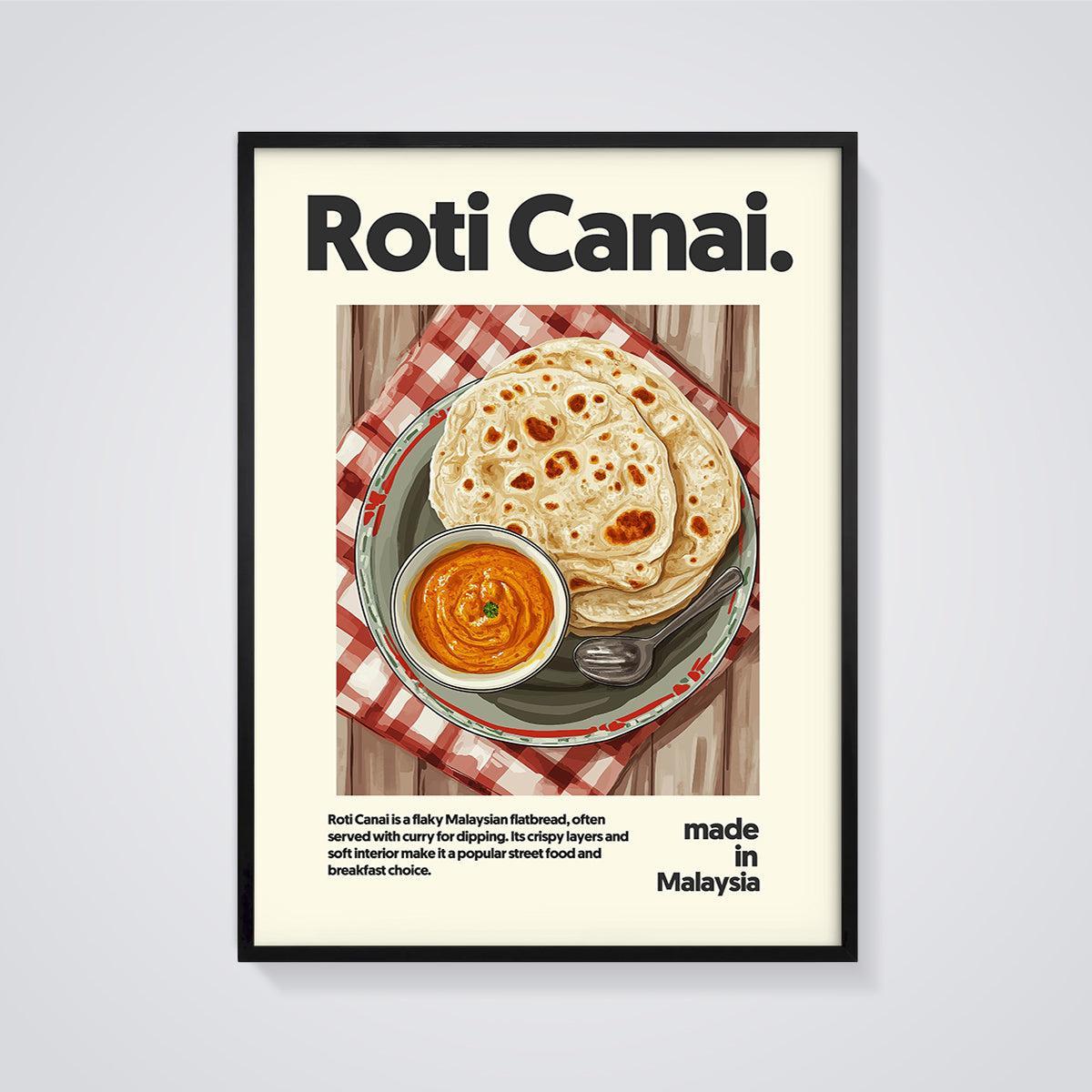 Roti Canai Street Food Print framed in black on a grey background