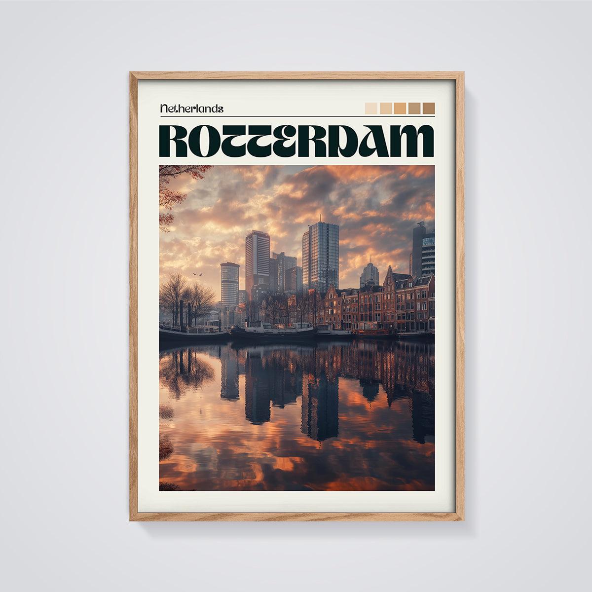 Rotterdam Sunset Reflections Print framed in oak on a grey background