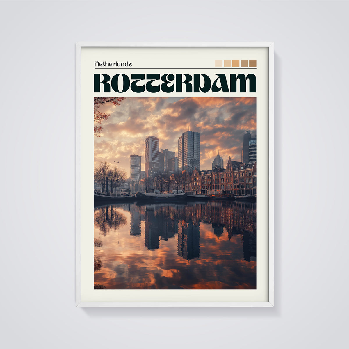 Rotterdam Sunset Reflections Print framed in white on a grey background