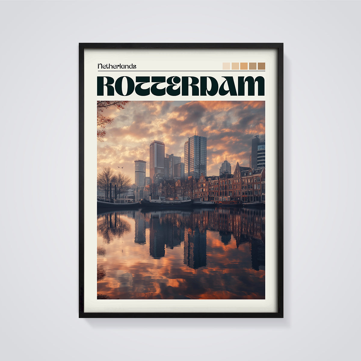 Rotterdam Sunset Reflections Print framed in black on a grey background