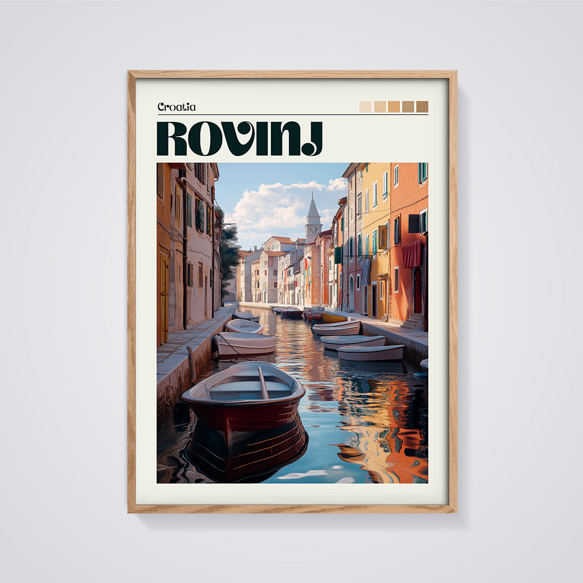 Rovinj Canal View Print framed in oak on a grey background