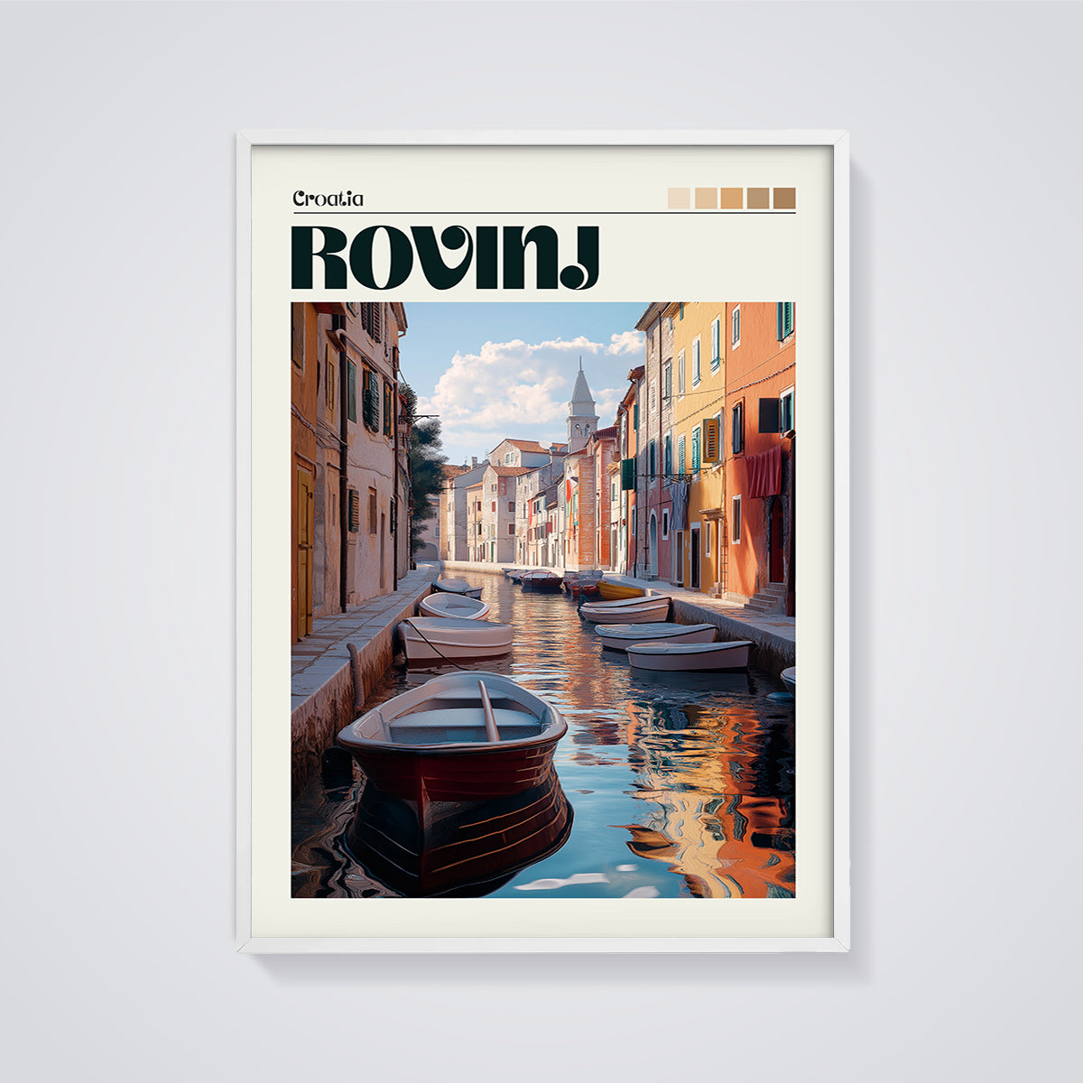Rovinj Canal View Print framed in white on a grey background