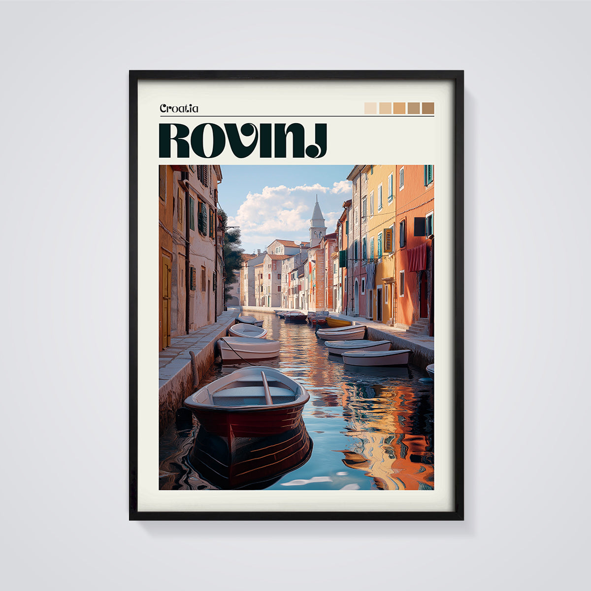 Rovinj Canal View Print framed in black on a grey background