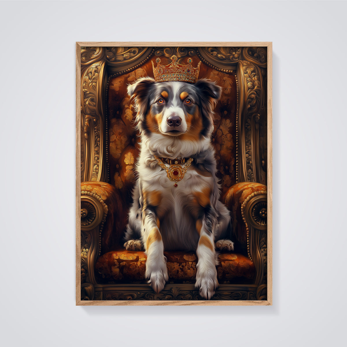 Royal Aussie Dog Print framed in oak on a grey background