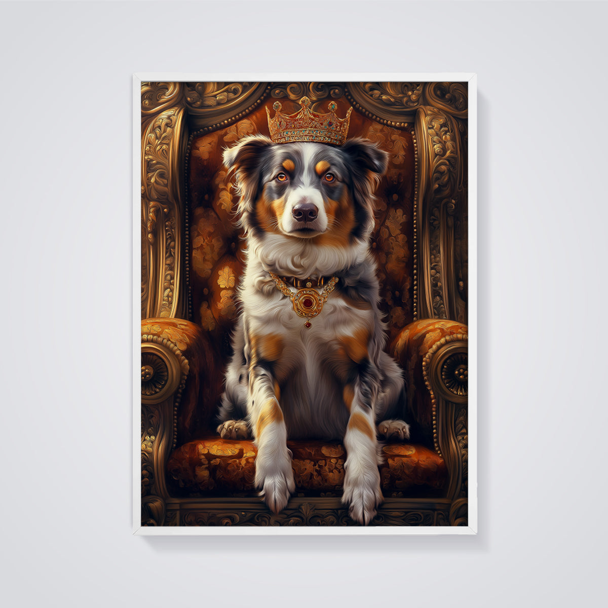 Royal Aussie Dog Print framed in white on a grey background