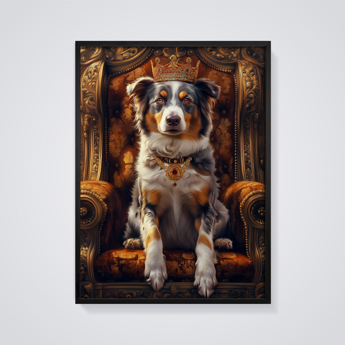 Royal Aussie Dog Print framed in black on a grey background