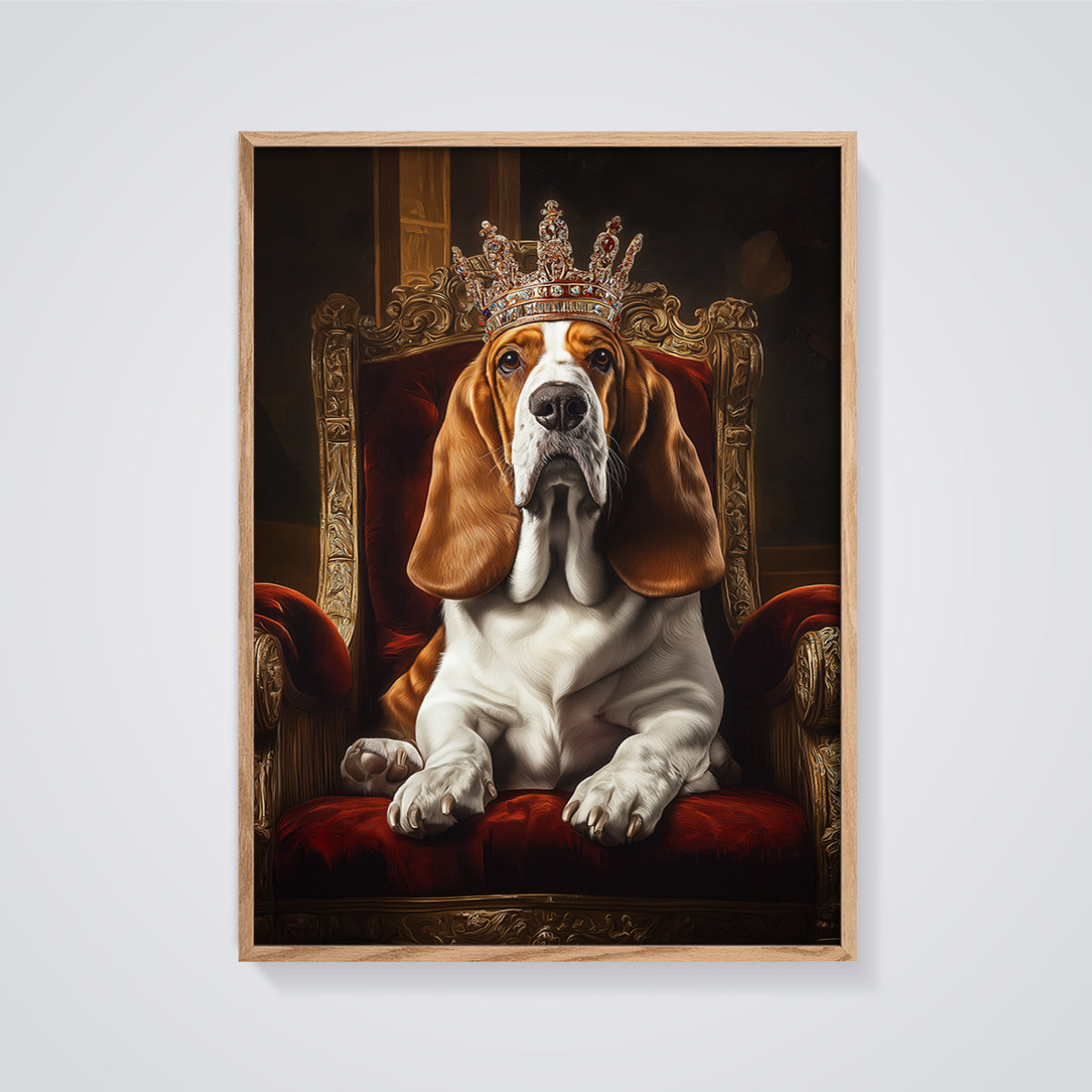 Royal Basset Hound Print framed in oak on a grey background