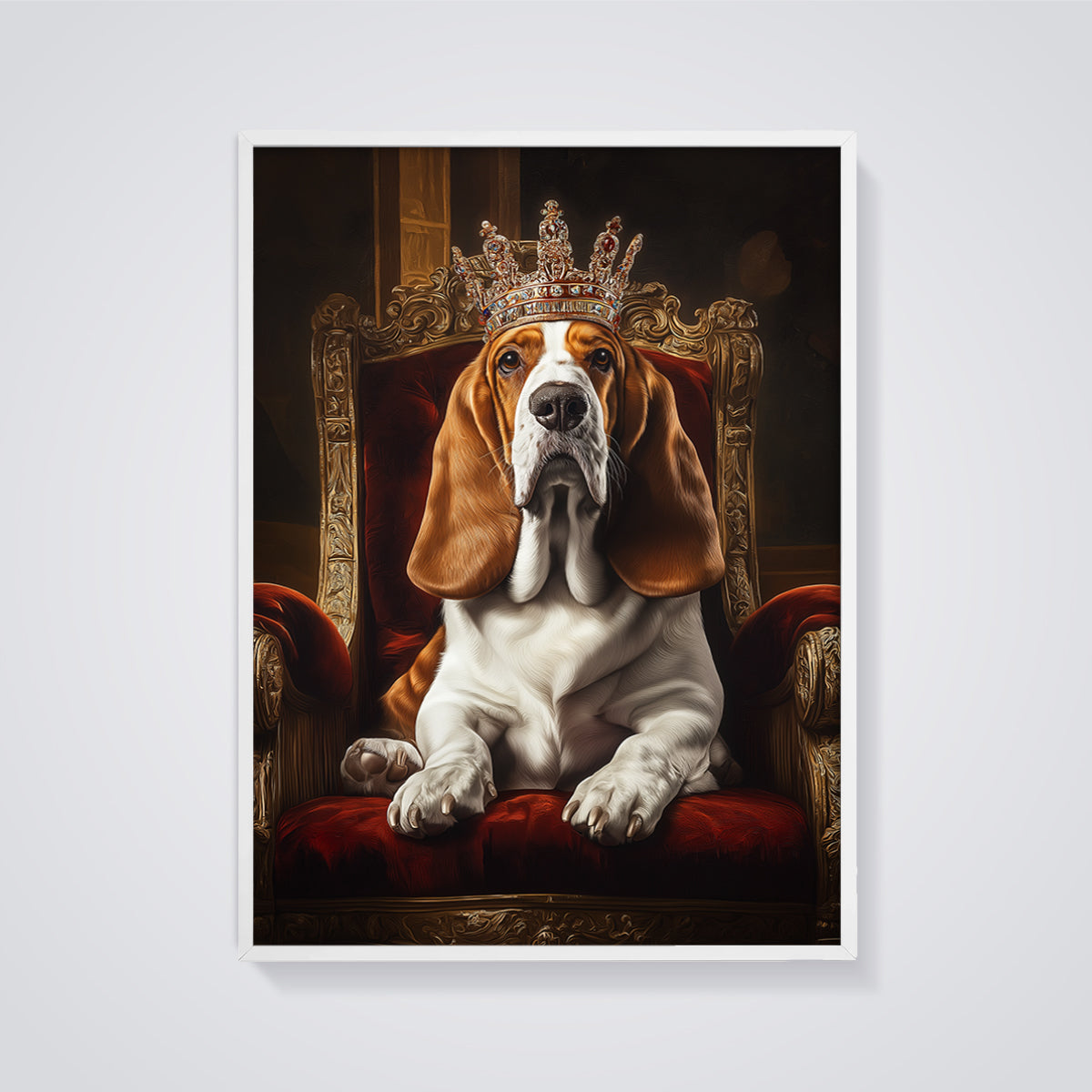 Royal Basset Hound Print framed in white on a grey background