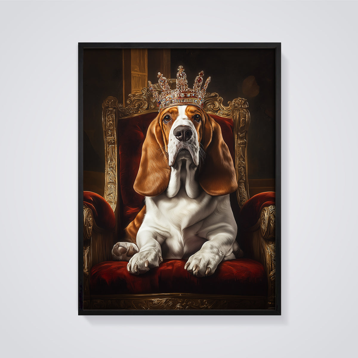 Royal Basset Hound Print framed in black on a grey background
