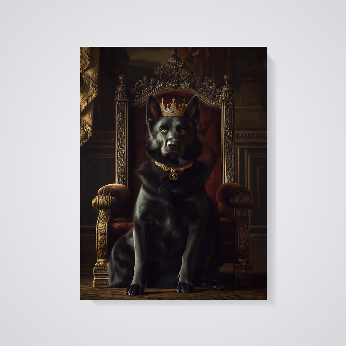 Royal Black Dog Print unframed on a grey background
