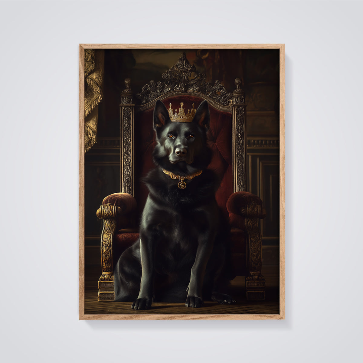 Royal Black Dog Print framed in oak on a grey background