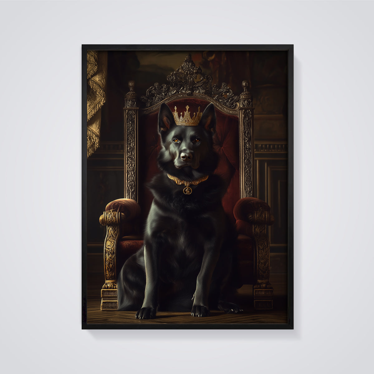 Royal Black Dog Print framed in black on a grey background