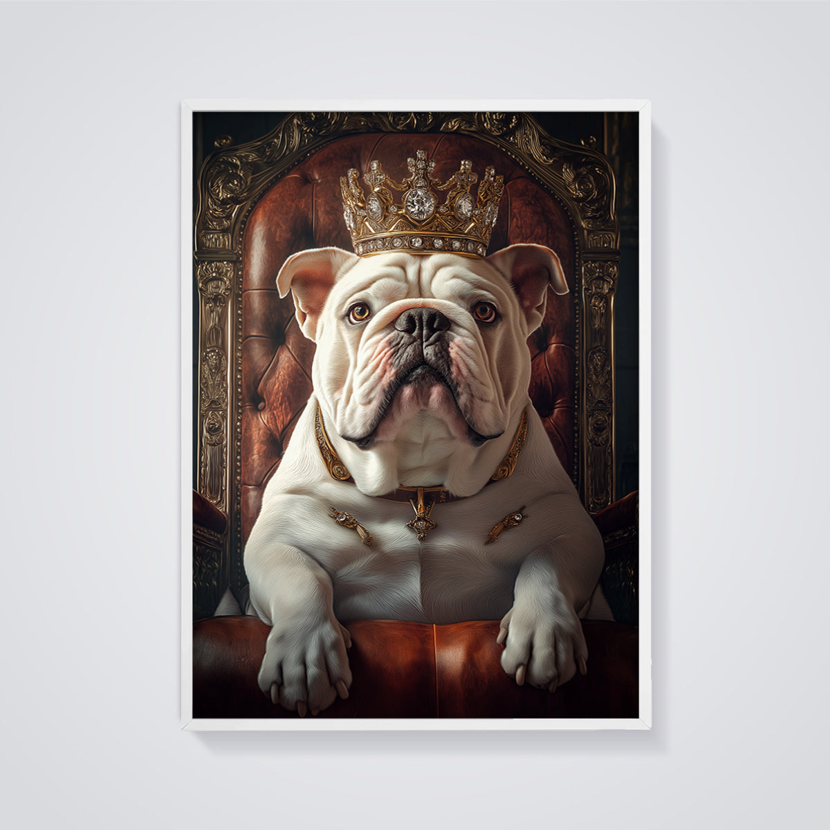 Royal Bulldog King Print Aesthetic framed in white on a grey background
