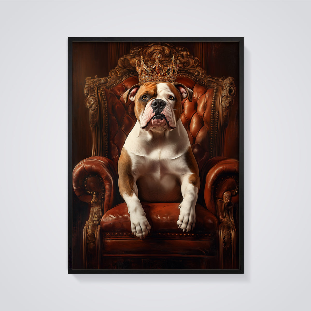 Royal Bulldog King Print framed in black on a grey background