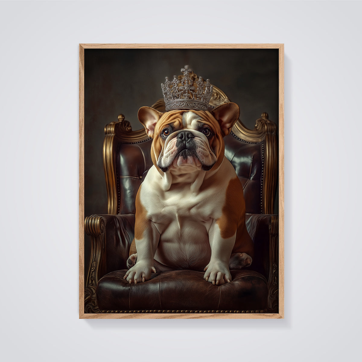 Royal Bulldog Portrait Print framed in oak on a grey background