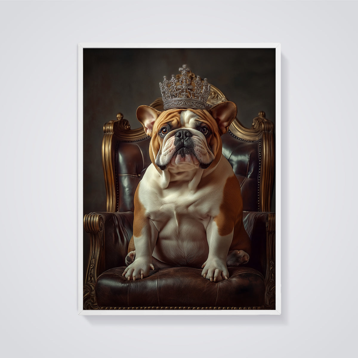 Royal Bulldog Portrait Print framed in white on a grey background