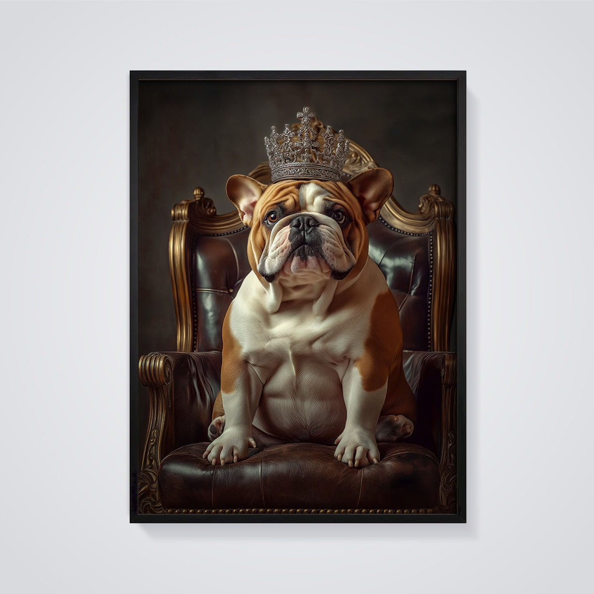 Royal Bulldog Portrait Print framed in black on a grey background