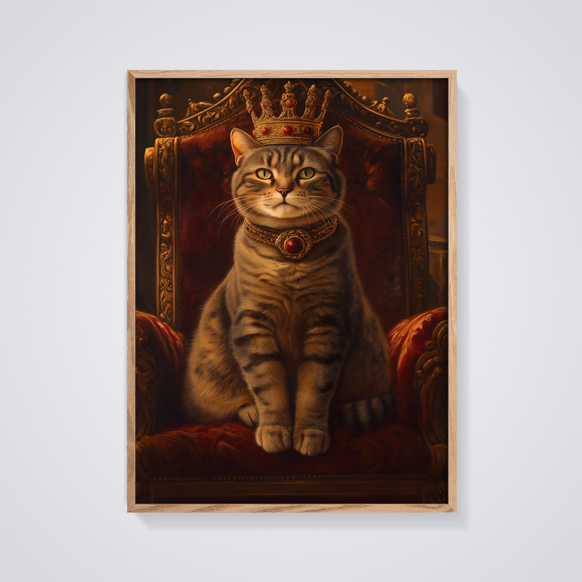Royal Cat Throne Portrait Print framed in oak on a grey background